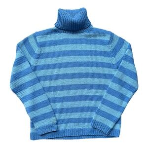 Vintage Michael Kors 100% Silk Knit Turtleneck Sweater Cozy Blue Stripe